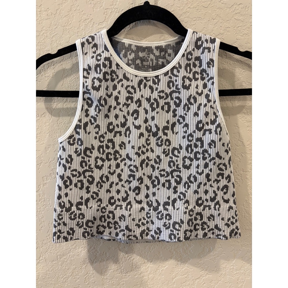 Aura Gray White Leopard Print Ribbed Knit Crop Tank Top Womens Size ML
